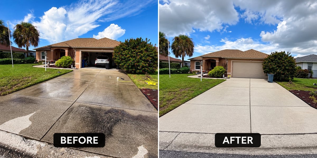 Before and after driveway cleaning showing improved appearance of concrete surface and curb appeal