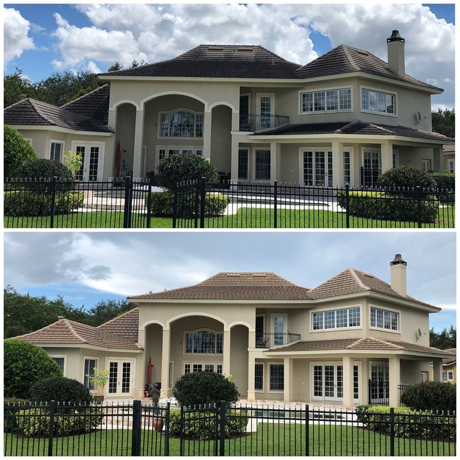 Before and after views of a two-story cream and stone residential home following exterior house washing